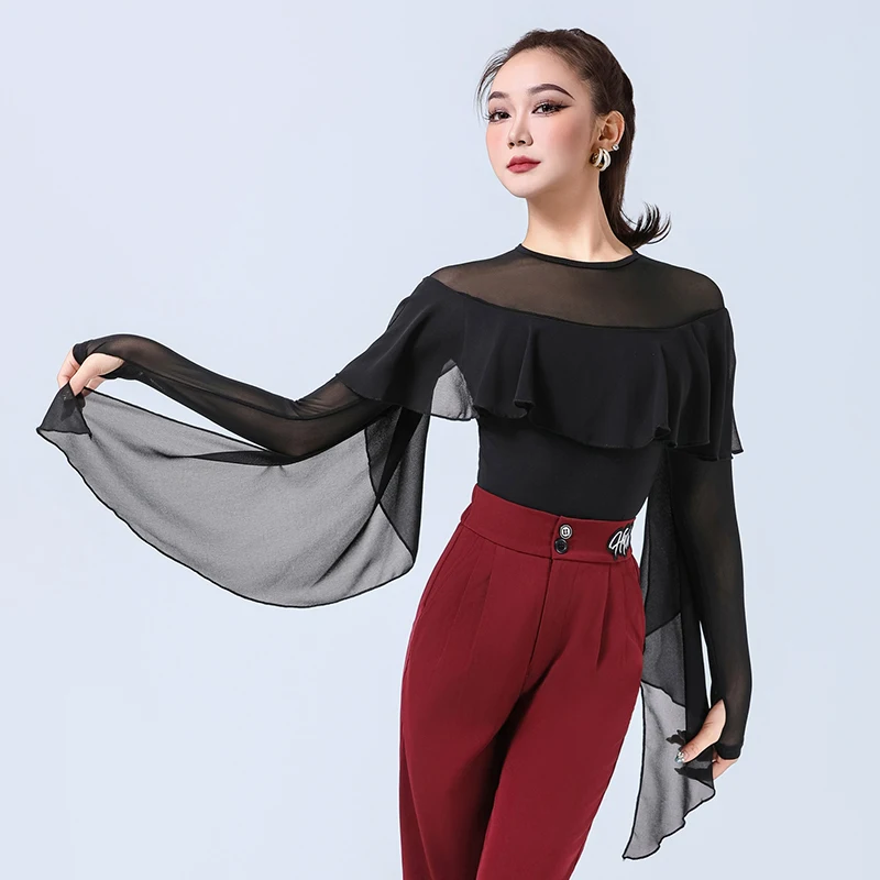 

New Latin Dance Mesh Tops Female Long Sleeves Practice Clothes Women Rumba Modern Dance Clothing Adult Dancing Bodysuit XH2890
