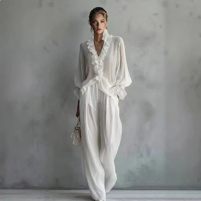 Stylish Lace Blouse and Wide Leg Pants Matching Set for Women