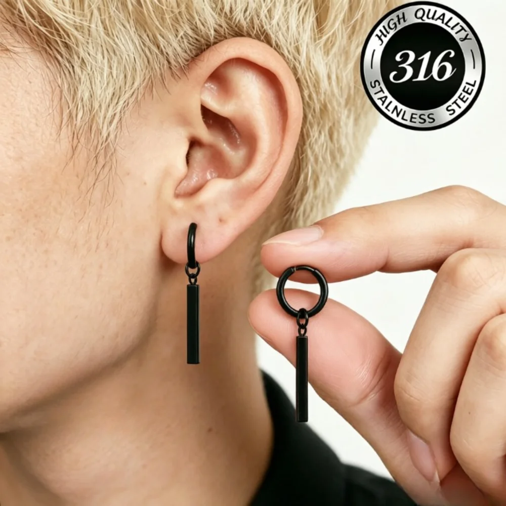 Black Hoop Long Bar Pendant Earrings Stainless Steel Ear Jewelry Fashion Minimalist Versatile Trendy Unique Design Unisex Access