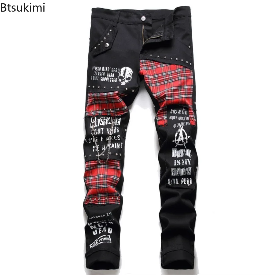 

2025 мужские рваные джинсы скинни Y2K в готическом стиле, черные джинсовые брюки с заклепками в стиле панк, узкие прямые брюки с принтом черепа и буквами, мужские