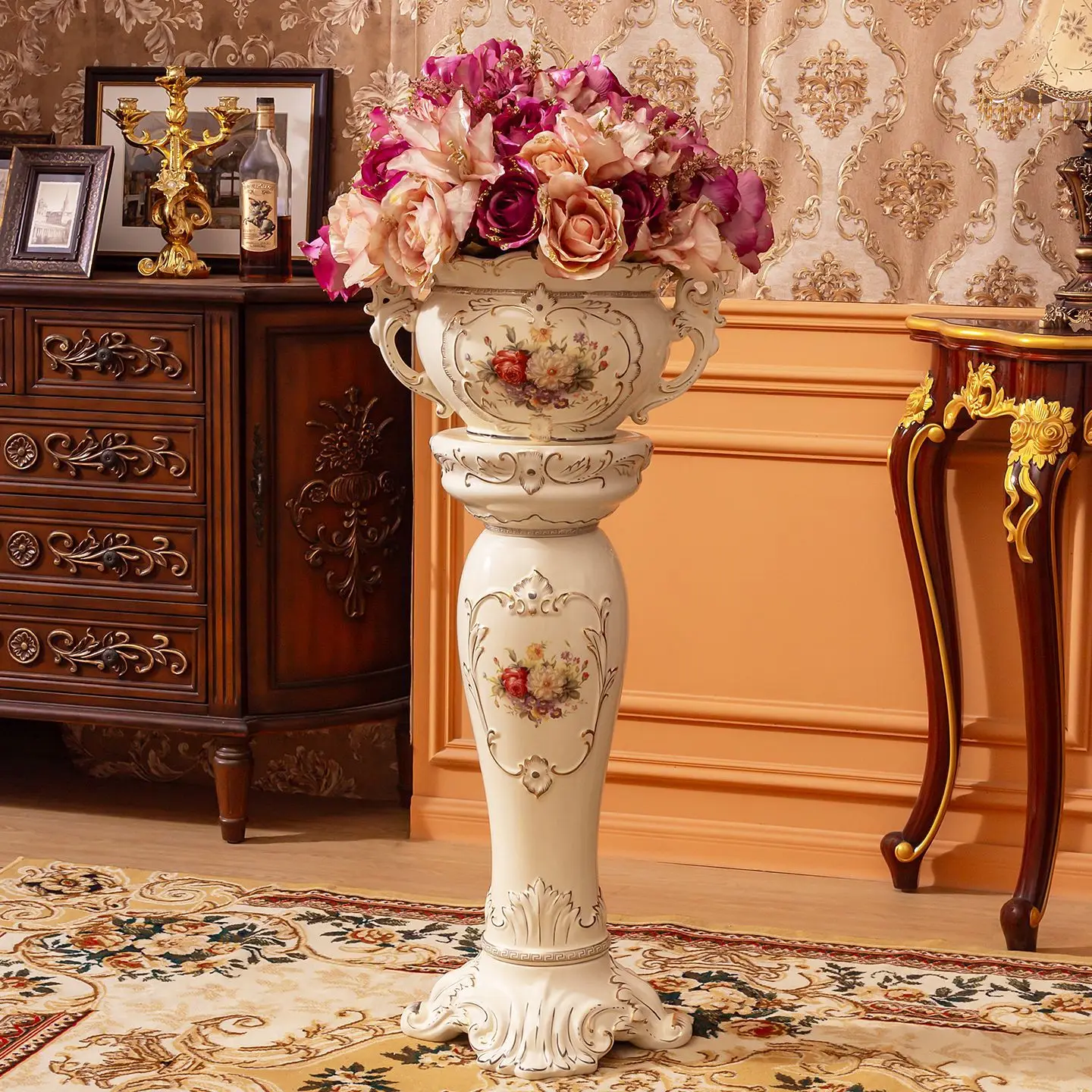 European-style hotel lobby villa living room floor-to-ceiling large vase high-end ceramic Roman column flower pot decorative orn