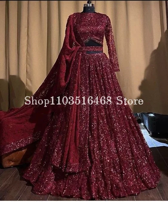 Gillter Indian Trouwjurk (Met Sluierhoes) Luxe Roze Kanten Appliqué Ingelegde Pailletten Tweedelige Trouwjurk Met Lange Mouwen