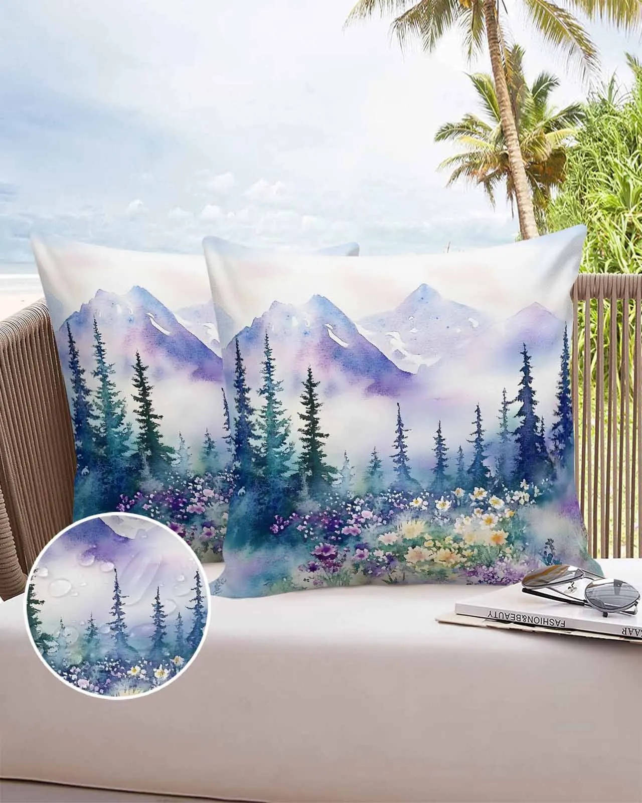 

Watercolor Mountain Tree Flower Sofa Cushion Cover Bed Pillow Cover Home Decorative Waterproof Pillow Cases