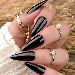 48Pcs Glossy Black Long Stiletto Fake Nail With Jelly Glue Artificial False Nails DIY Full Cover Finger Tips Manicure Tool