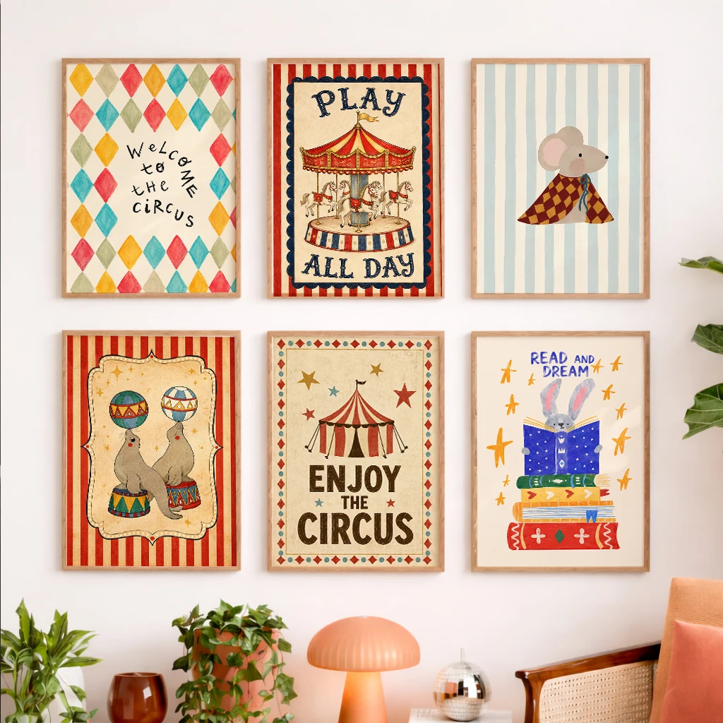 Set of 6 Vintage Circus Animal Canvas Poster Carousel Mouse Seal Rabbit Quote Nursery Wall Decor Home Bedroom Living Wall Art
