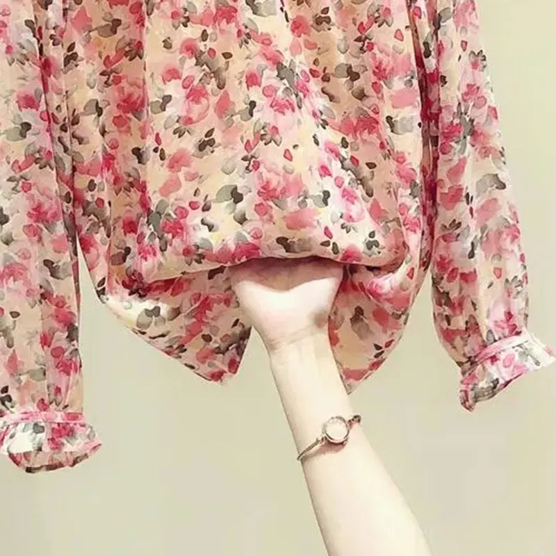 Pink Floral Printing Chiffon Elegant Chic Pullover Loose Long Sleeve Women\'s Blouse Shirt Female Clothing Tops 2024 Fashion