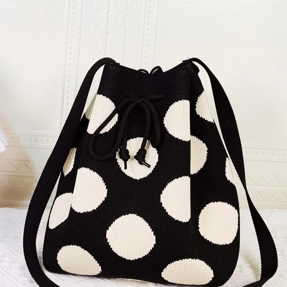 Crossbody Pouch Patterned Polka Dot Bucket Bag Lightweight Soft Knit Tote Casual Chic Drawstring Purse Teens Girls
