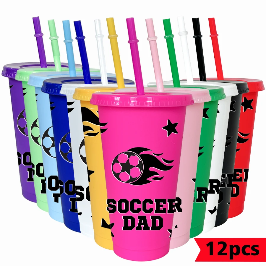 12pcs/set Football Flame Pattern 26oz Colored Plastic Party Cold Cup for Birthday/back-to-school Gift Gameday Drinkware