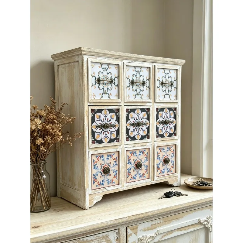 Retro drawer cabinet, wood with porcelain pattern, storage treasure cabinet