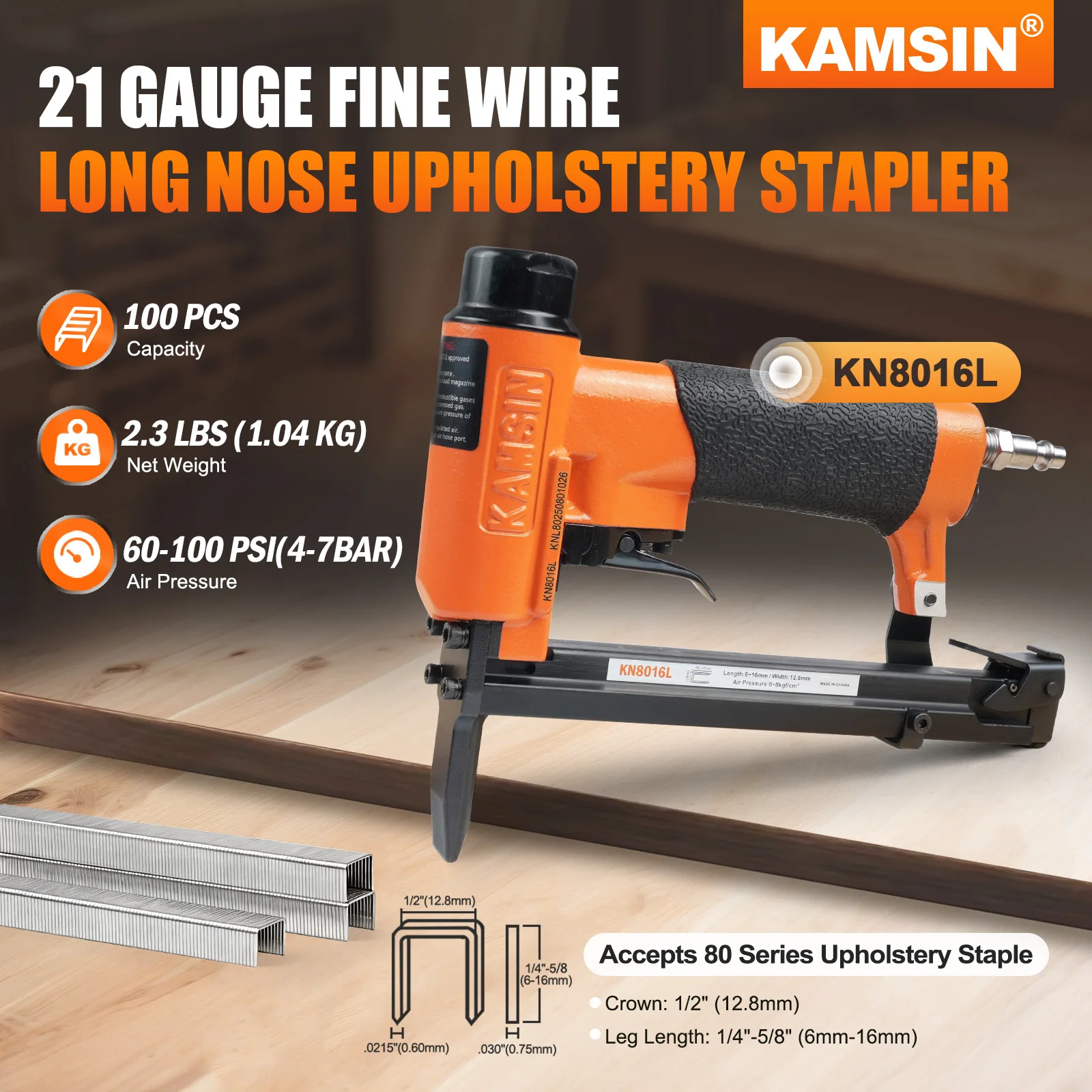 KAMSIN KN8016L 21 Gauge, 1/2-inch Crown, 1/4-inch to 5/8-inch Length Long Nose Upholstery Staple Gun for Furniture, Upholstering