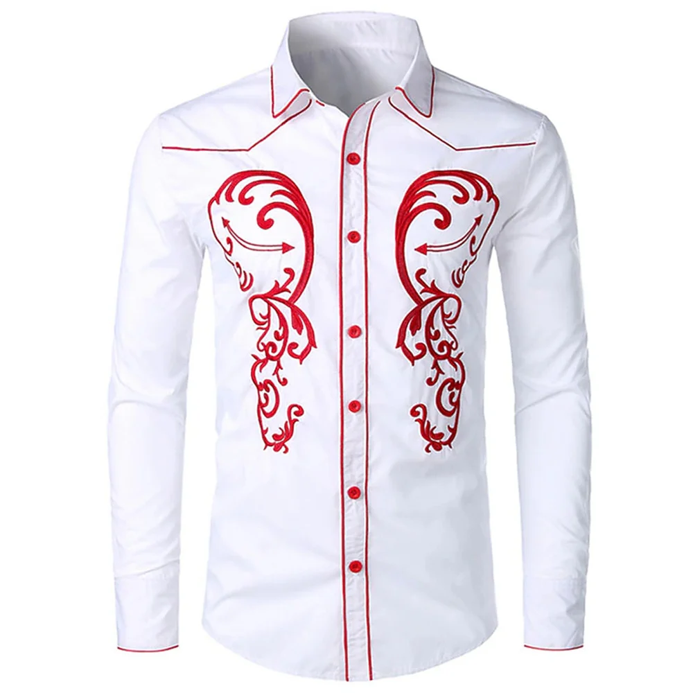 Western Style Print Men\'s Shirts Casual Single-Breasted Blouses Long Sleeve Shirt Streetwear Lapel Tops Trend Tops Men Clothing