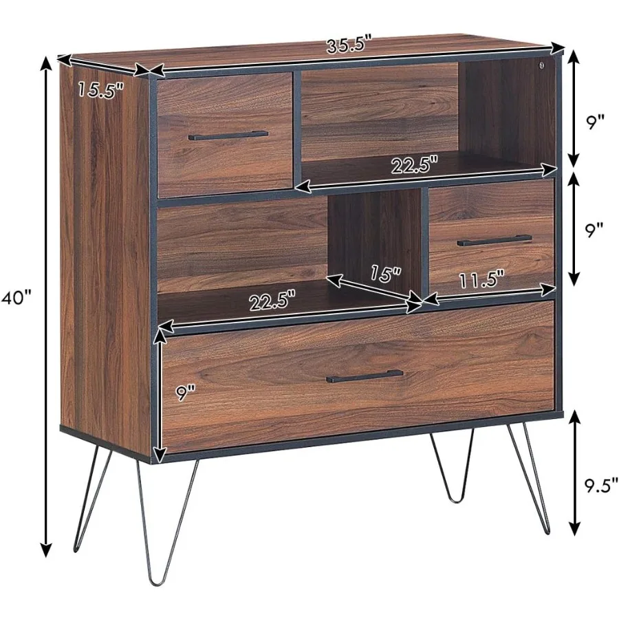 Gabinete de madera de 3 niveles, cajones de almacenamiento vintage y patas de metal, estantería independiente para exhibición de oficina en casa