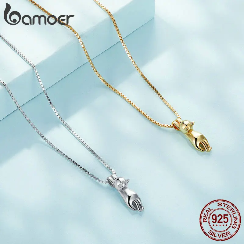 BAMOER Solid 925 Sterling Silver Cute Animal Necklace for Women, 14K Gold Plated Cat Pendant Jewelry for Her Birthday Gift