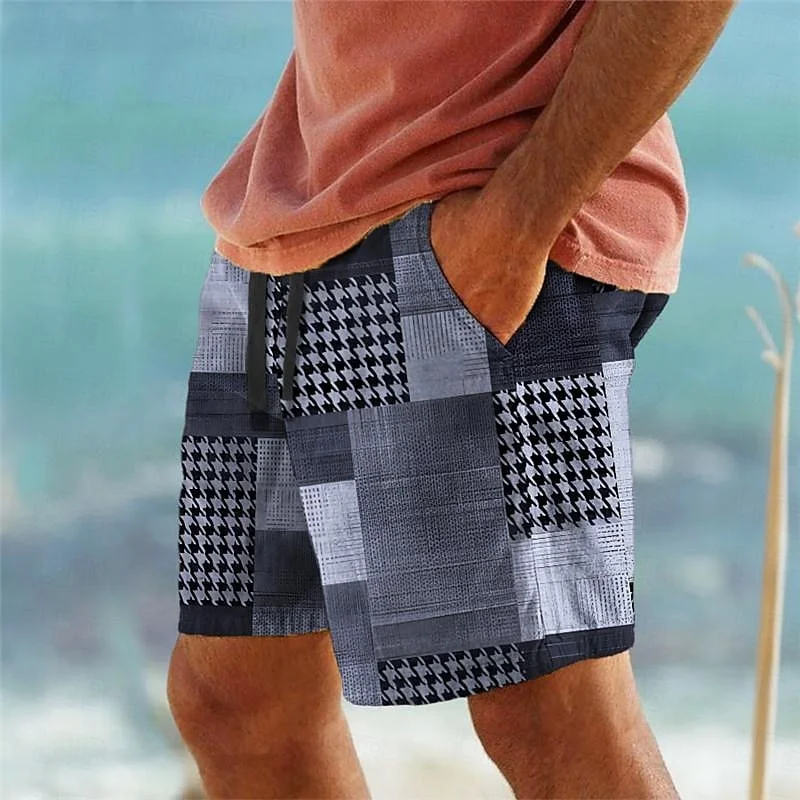 

3D Printed Geometric Splicing Short Pants For Men Colorful Grid Pattern Beach Shorts Summer Casual Street Breathable Swim Trunks