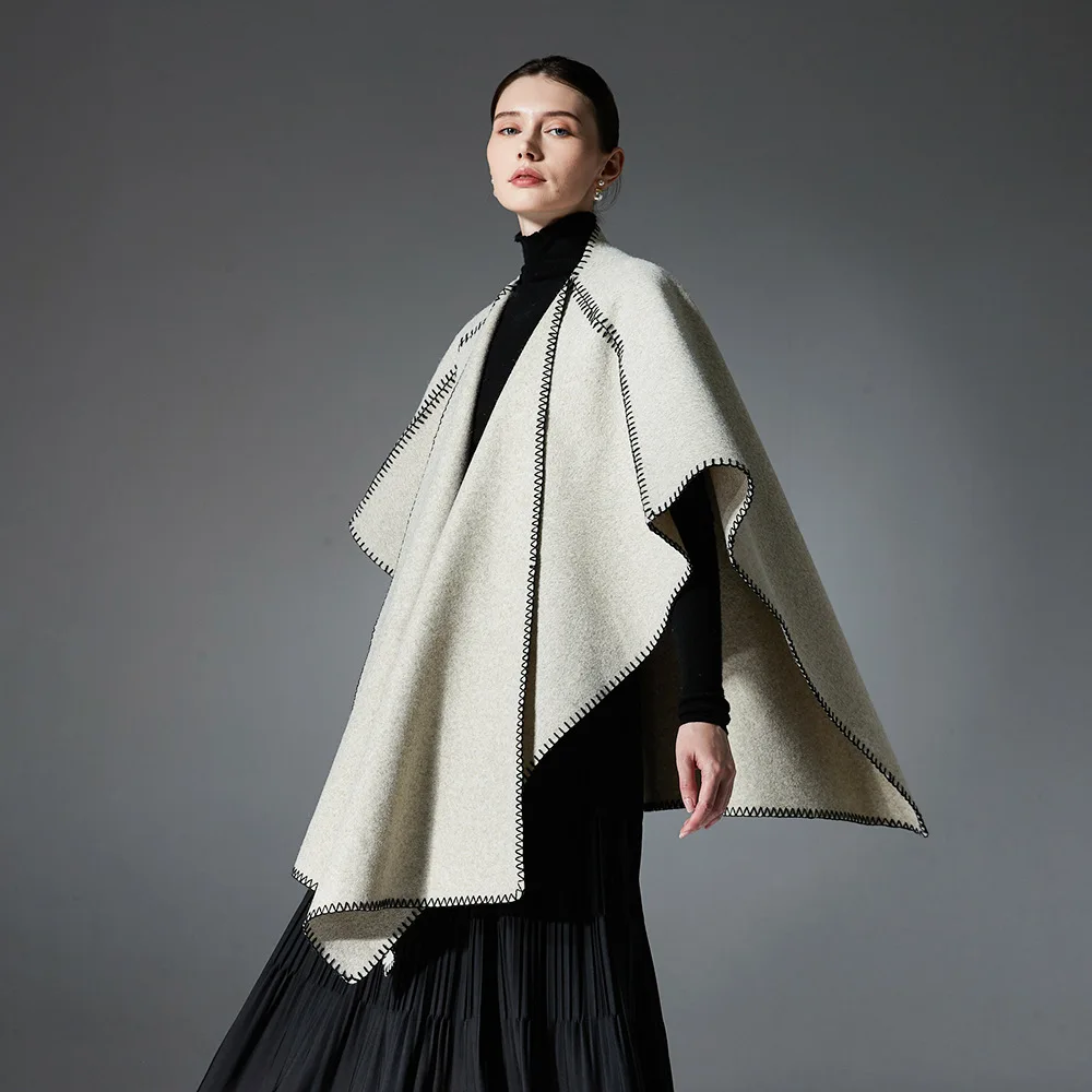 Simple Noble Nordic Style Double Faced Woolen Cape Coat Fashion Overlock Cashmere Loose Outerwear Women Fall Winter Cloak Wraps