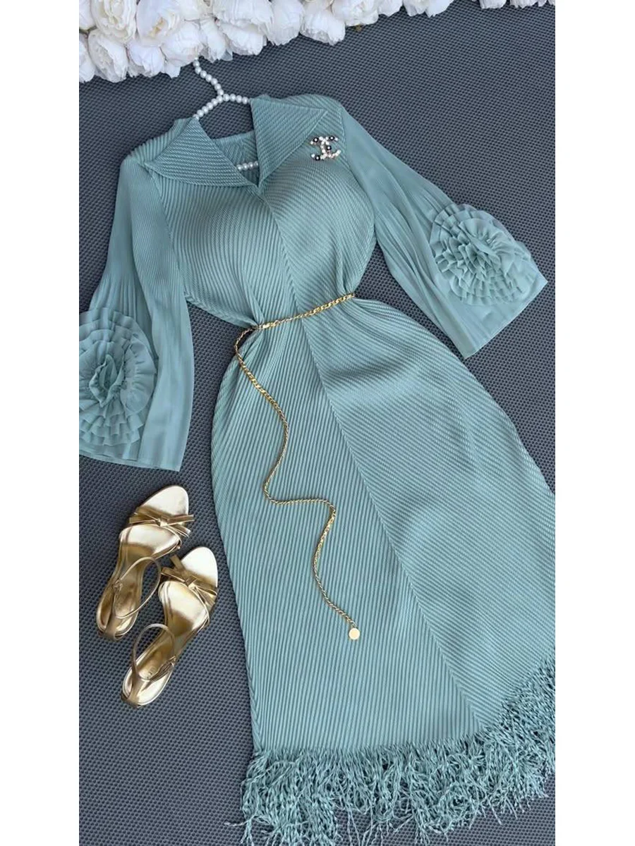 ANLAN Pleated 3D Flowers Tassel Dress Women Lapel Lace-up A Line Elegant New 2025 Loose Fashion Wedding Party Female Clothing