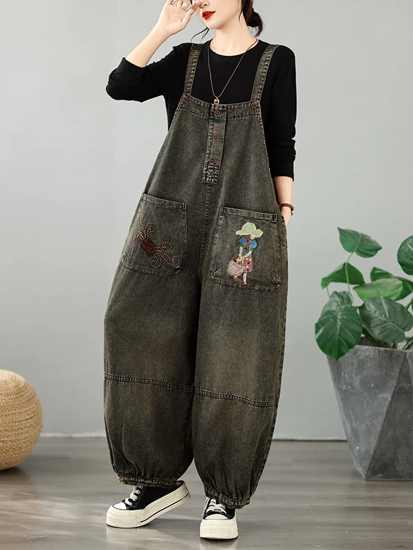 Large Size Denim Overalls Women's Casual Embroidered Fashionable High Waist Wide Leg Pants Vintage Age-Defying Personalized