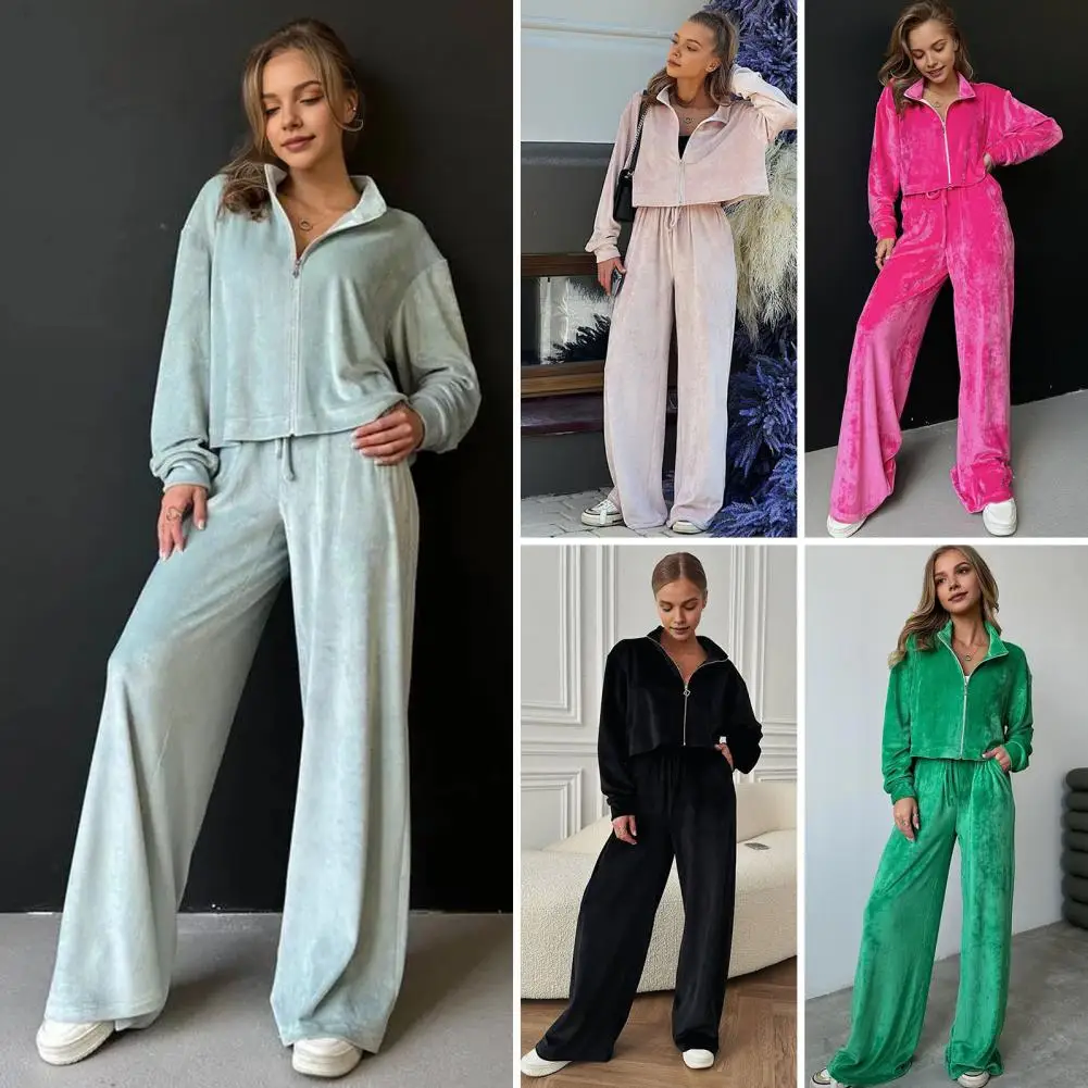 Women Formal Velvet Outfit Golden Velvet Tracksuit Set with Stand Collar Coat Wide Leg Pants for Women Winter Wear Outfit