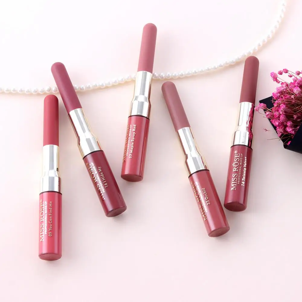 ROSE Double Headed Lip Liner + Lip Gloss 2 In 1 Lipstick Matte Lips Makeup Cosmetics Maquillage 12 Colors TSLM1