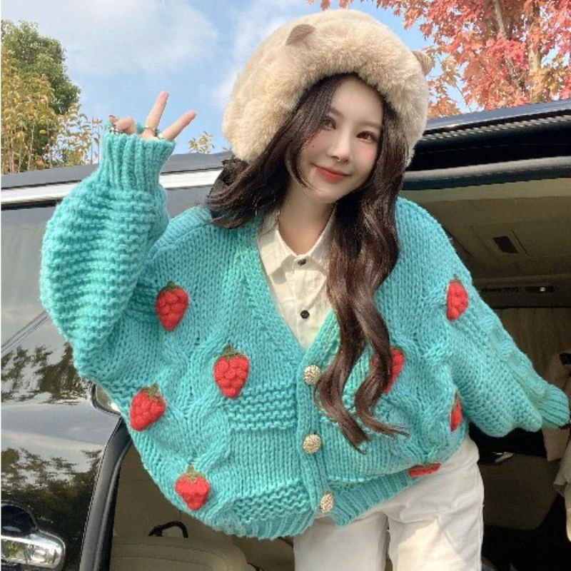 Autumn Strawberry Knitted Cardigan Women Sweet Cute Long Sleeve Loose Sweater Jacket Fashion Chic Warm V Neck Cardigan Coat