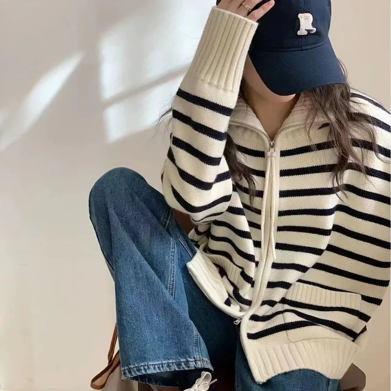 2024 New Autumn Winter Women's Sweater Vertical Collar Striped Long Sleeve Knitted Cardigan Loose Lazy Style Women's Clothes