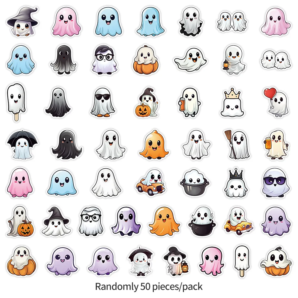 Cute Halloween Ghost Graffiti Sticker, brinquedo decalque impermeável, decoração do telefone móvel, copo de água, guitarra, geladeira, 10 pcs, 30 pcs, 50pcs