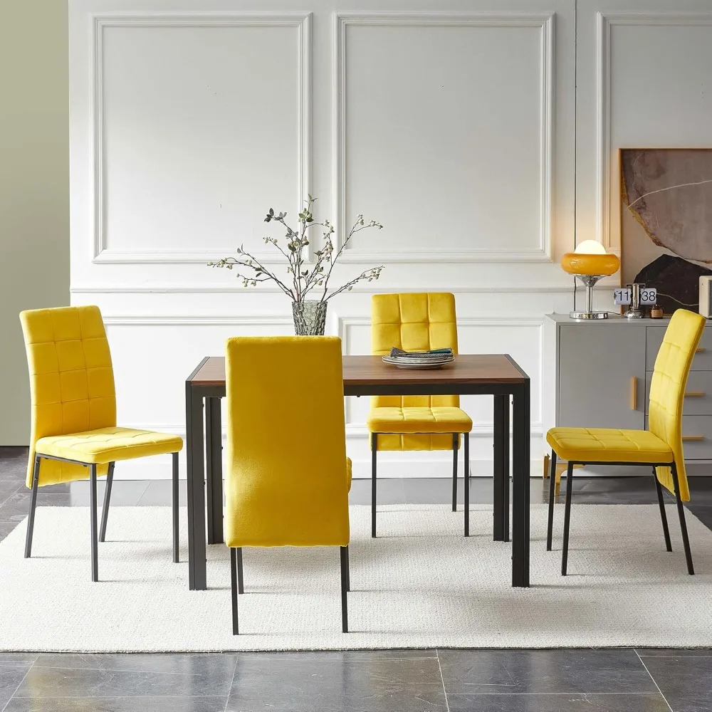 5-Piece Dining Table Set, 47 in Modern Rectangle Walnut Faux Wood Grain Kitchen Table & 4 High Back Yellow Velvet Upholstery