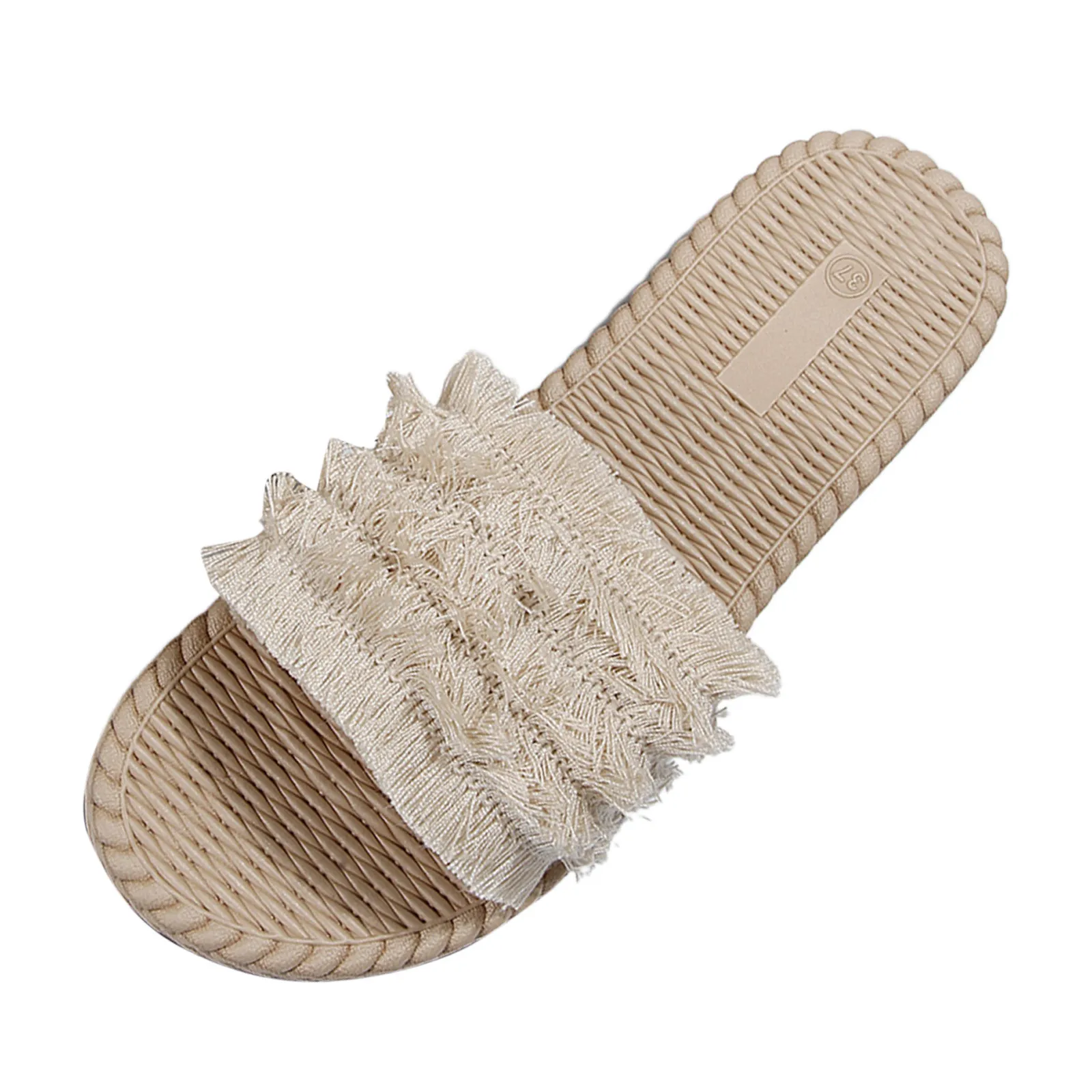 Ladies Fashion Summer Solid Color Tassel Fabric Face Open Toe Flat Bottom Grass Woven Womens Spa Slippers with Arch Support