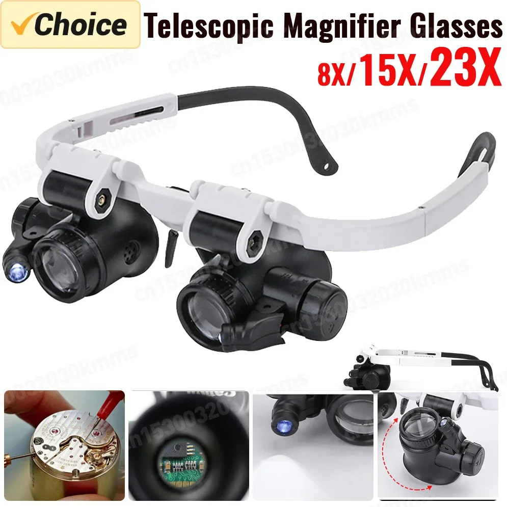 Acrylic Lens Magnifying 8X/15X/23X Lens Wearing Glasses with 2 LED Light High Magnification for Precision Work Eyewear Reading