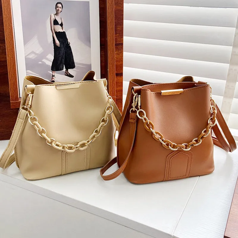 Korean Chain Women Leather Shoulder Bag Casual Women Handbags Crossbody Bag Bucket Bags For Women Designer Messenger Bags Sac