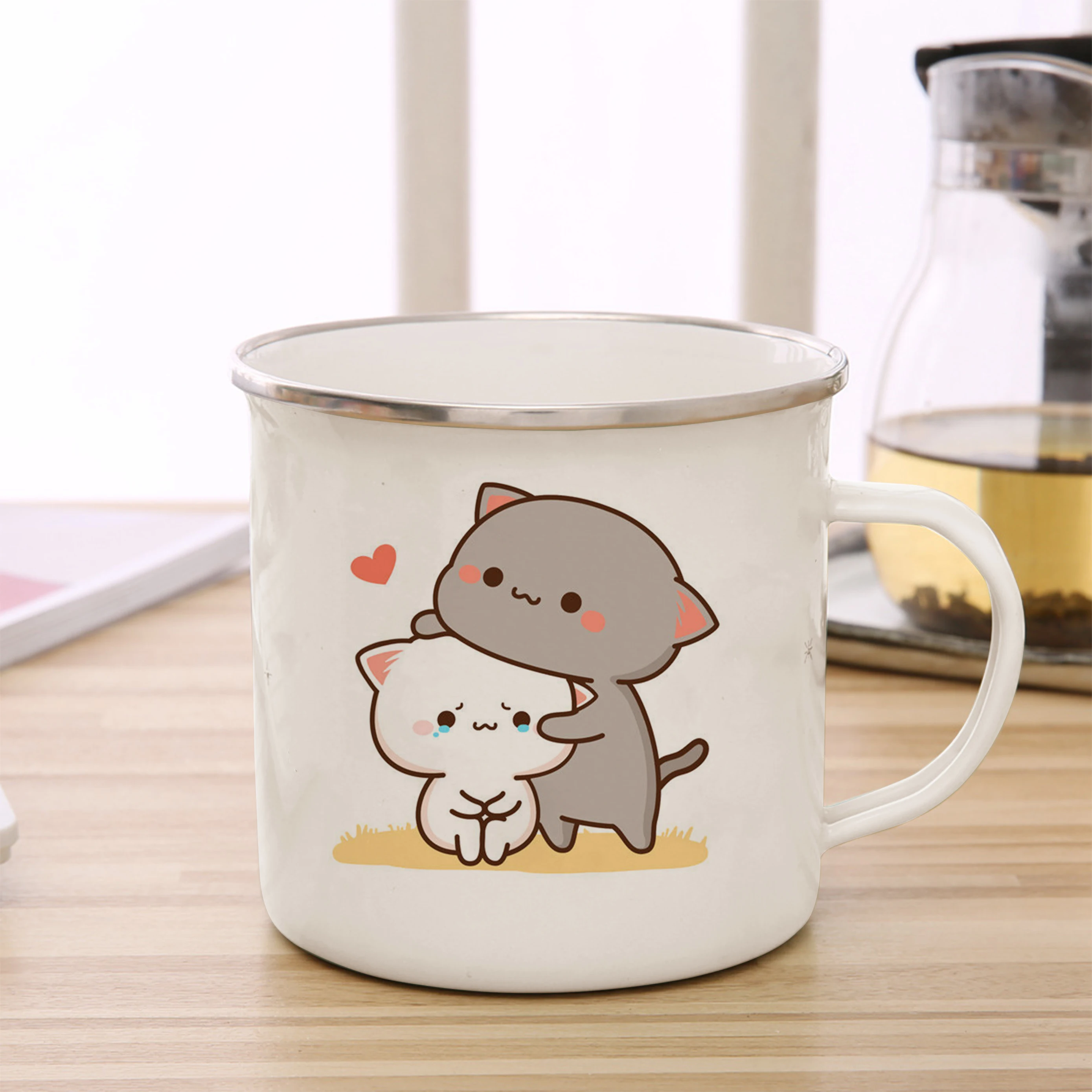 Peach and Goma cat enamel coffee tea cup cute animal breakfast dessert milk water cup couple gift