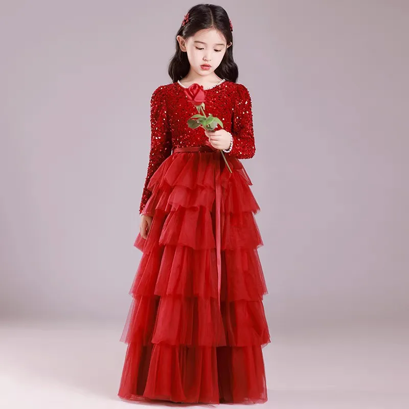 

It's Yiiya Customized Modest Flower Girl Dress Wine Red Sequins Tulle O-neck Full Sleeves Tiered A-line Floor Length Kids Gown