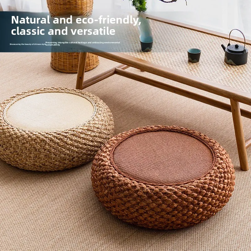 Rattan Round Floor Cushion - Tatami Meditation Mat for Zen Tea Room, Yoga Zafu, Breathable Woven Pad, Portable Floor Seating
