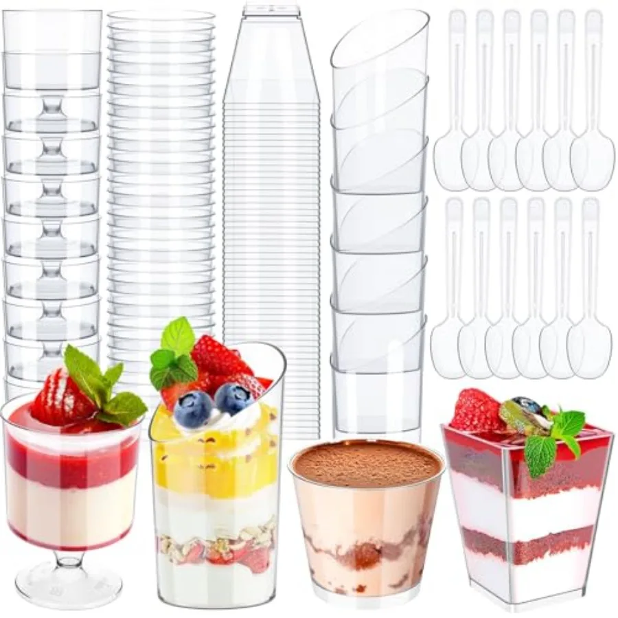 

Набор из 300 прозрачных мини-стаканчиков для десертов с ложками, 5 унций и 3 унции, квадратные, наклонные, для парфе, закусок, круглые бокалы для дня рождения