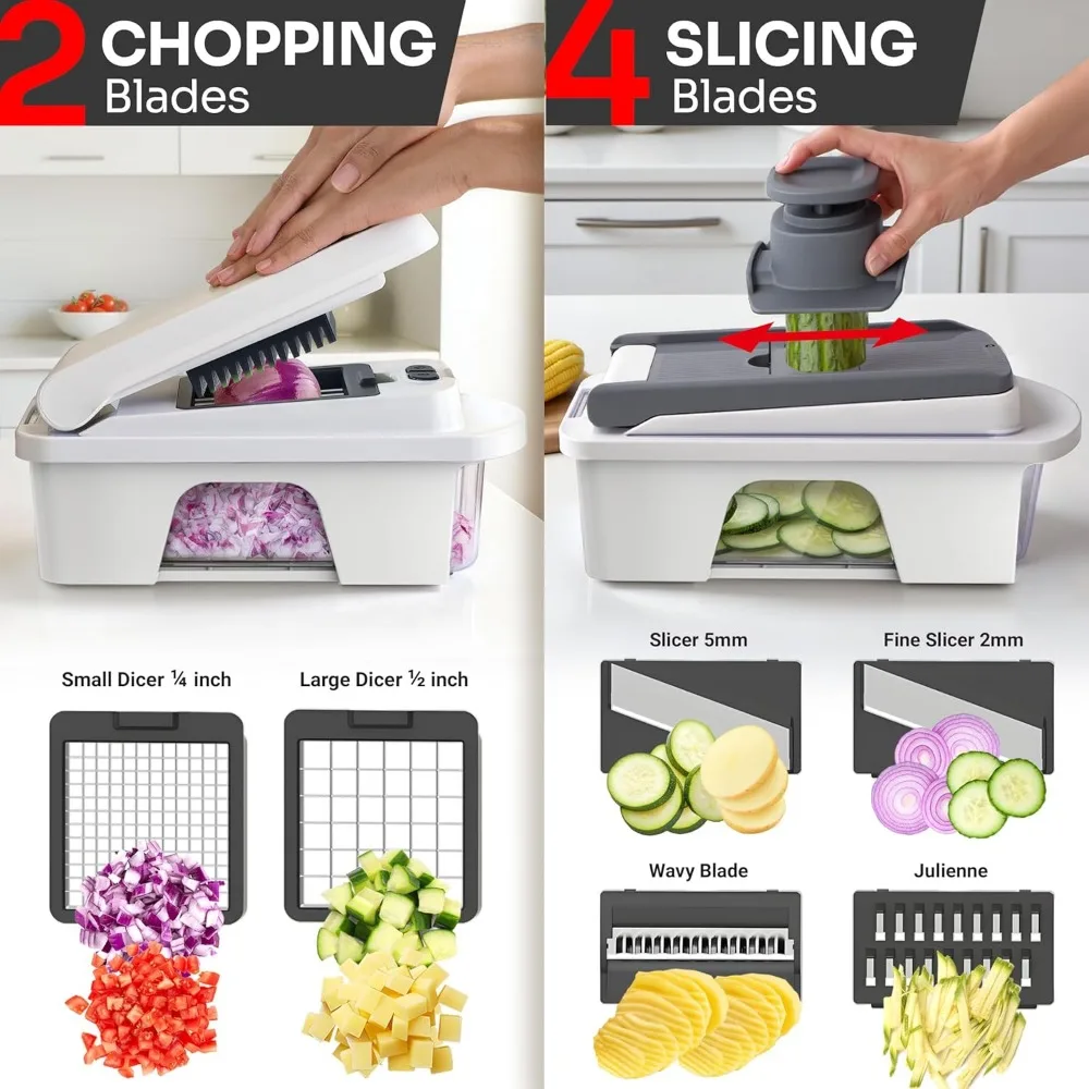 12-Blade Mandoline Slicer, Food Chopper, Vegetable Spiralizer with Container - Kitchen Gadgets Set in White/Gray