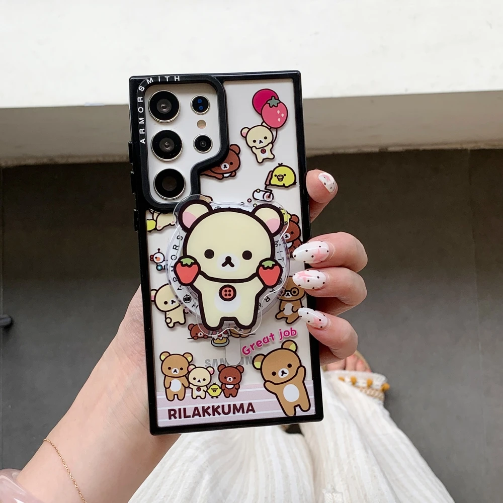 Cute Cartoon Rilakkuma Bear Magnetic Holder Magsafe Wireless Charge Phone Case For Samsung Galaxy S26 25 24 23 Ultra Puls Cover