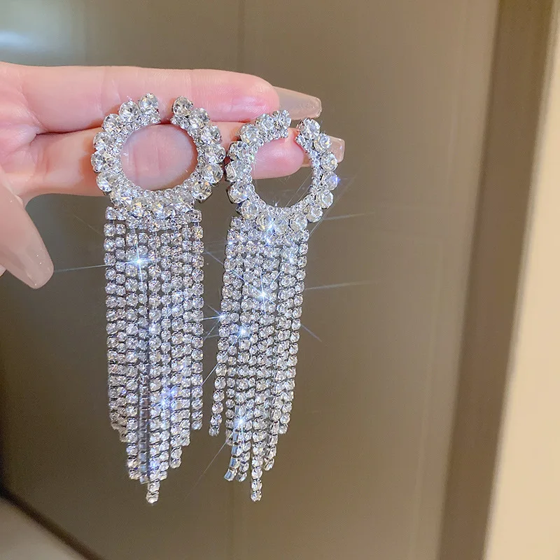 Trendy Luxury Geometric Rhinestone Crystal Drop Earrings Oversize Long Tassel Earrings for Women Statement Wedding Jewelry Gifts