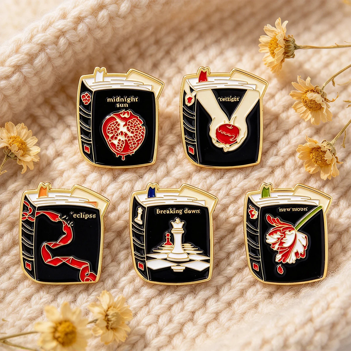 5PCS Twilight Saga Enamel Pin Set Midnight Sun New Moon Vampire Book Brooch Gothic Jewelry Gift for Book Lovers