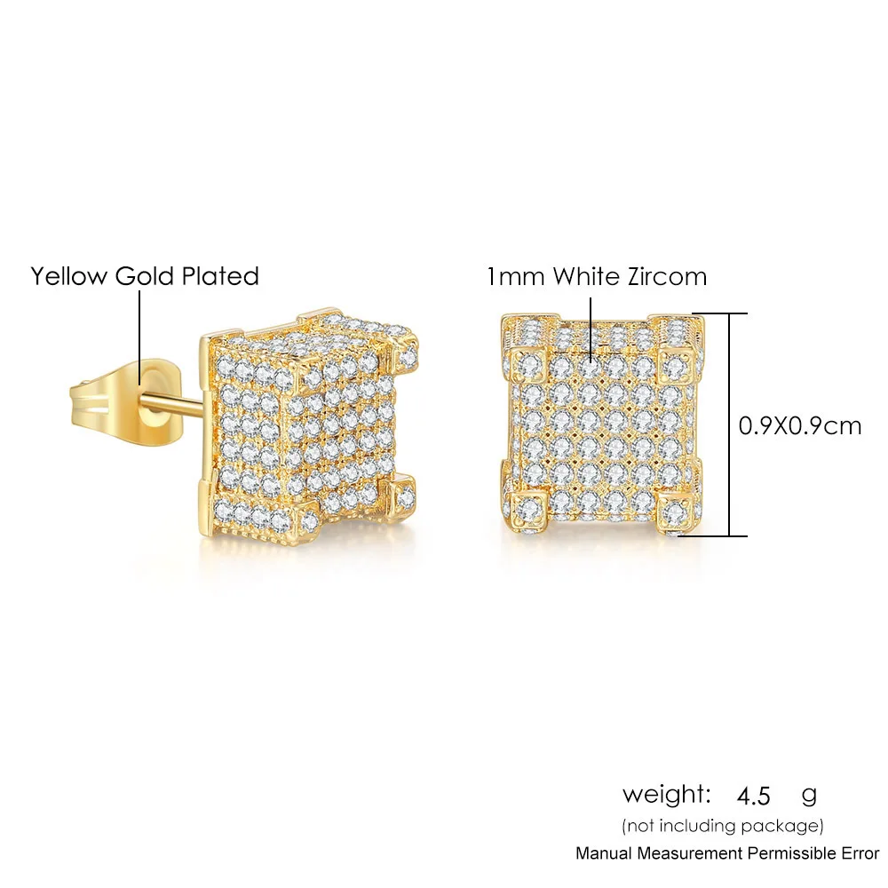 Luxury Stud Earrings For Women Iced Out AAA+ Cubic Zirconia Hip Hop Men Piercings Ear Ring Gold Color Jewellery Wholesale OHE013