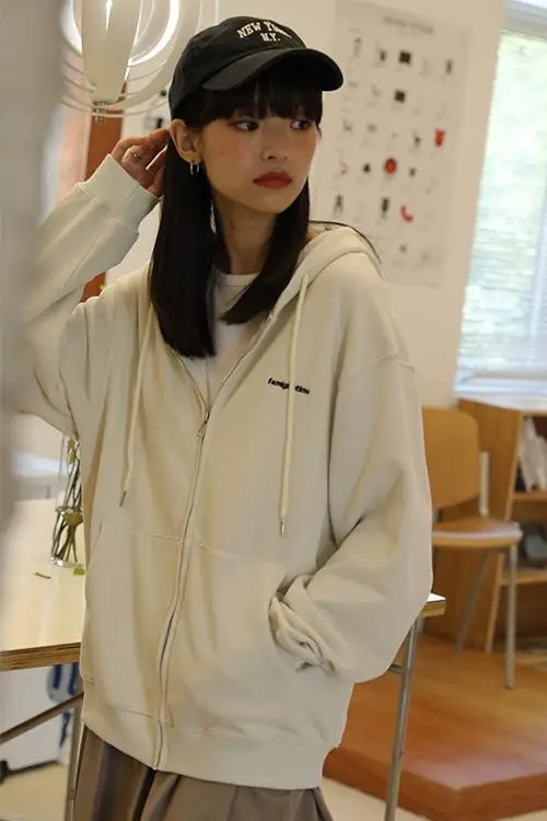 New Arrival Korean Fashoin Girls Hoodies Long Sleeves Zipper Up Hooded Loose Women Hoodie