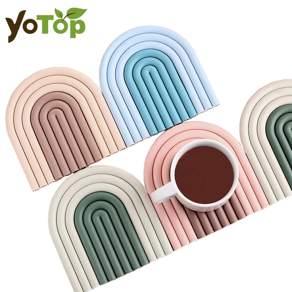 Alfombrilla de aislamiento antideslizante con forma de arco iris, almohadilla de aislamiento térmico de silicona, posavasos apilables para tazas de café