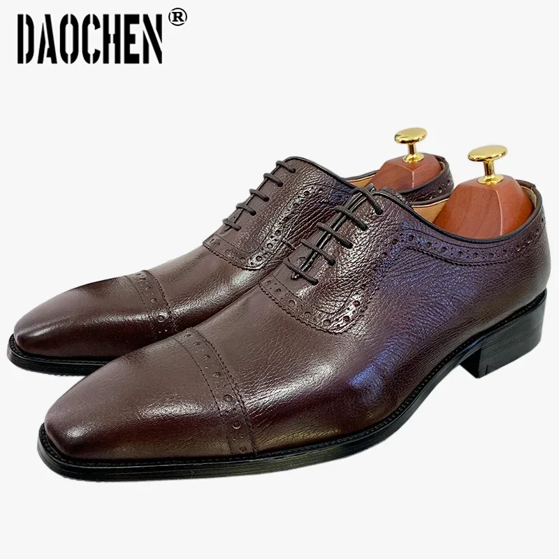 Italian Brand Men Oxford Shoes Lace Up Cap Toe Oxfords Office Business Wedding Men Dresses Genuine Leather Shoes For Men