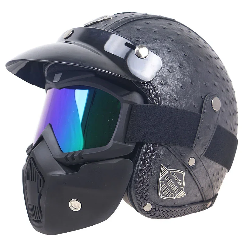 

High End Motorcycle Half Helmet Retro Cycling Protective Helmet Leather Wrapped With Face Mask Medium Size
