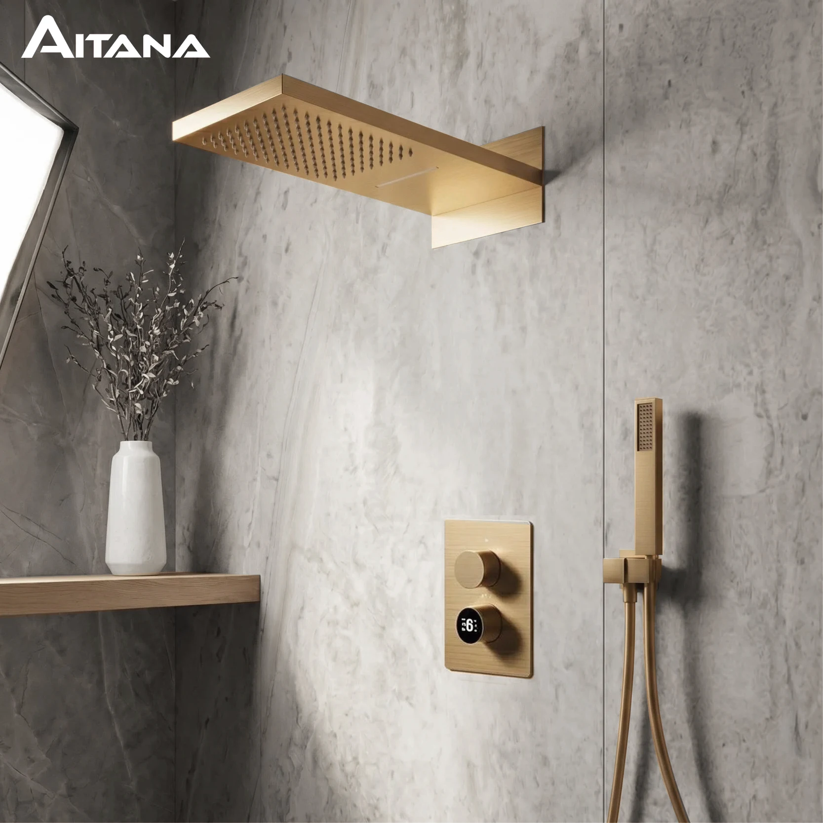 Gebürstetes Gold Wandmontiertes Duschset LED-Digitalanzeige Warm-Kalt-Wassermischer Wasserfall-Sprühdüse Badezimmer Regenduschsystem