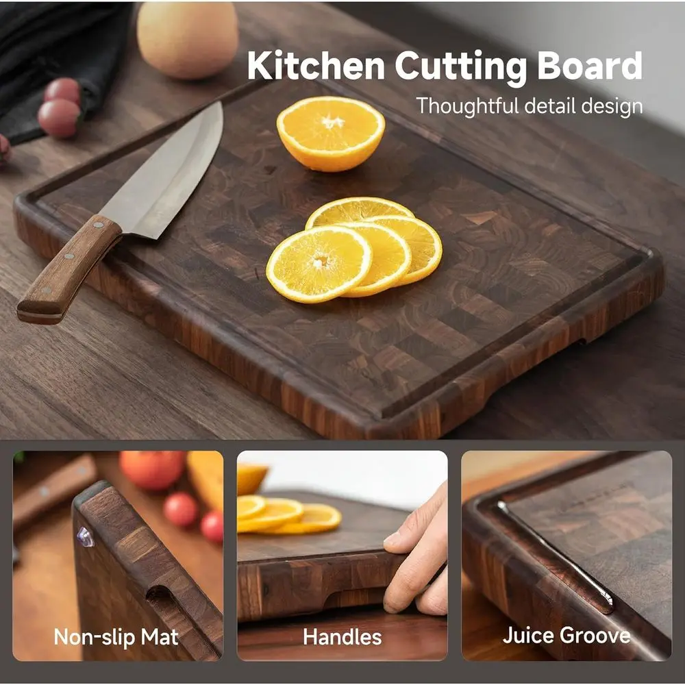 เขียงไม้วอลนัท 16x12 นิ้ว ลายตารางหมากรุก พร้อมร่องน้ำและขาตั้ง สำหรับใช้ในครัว