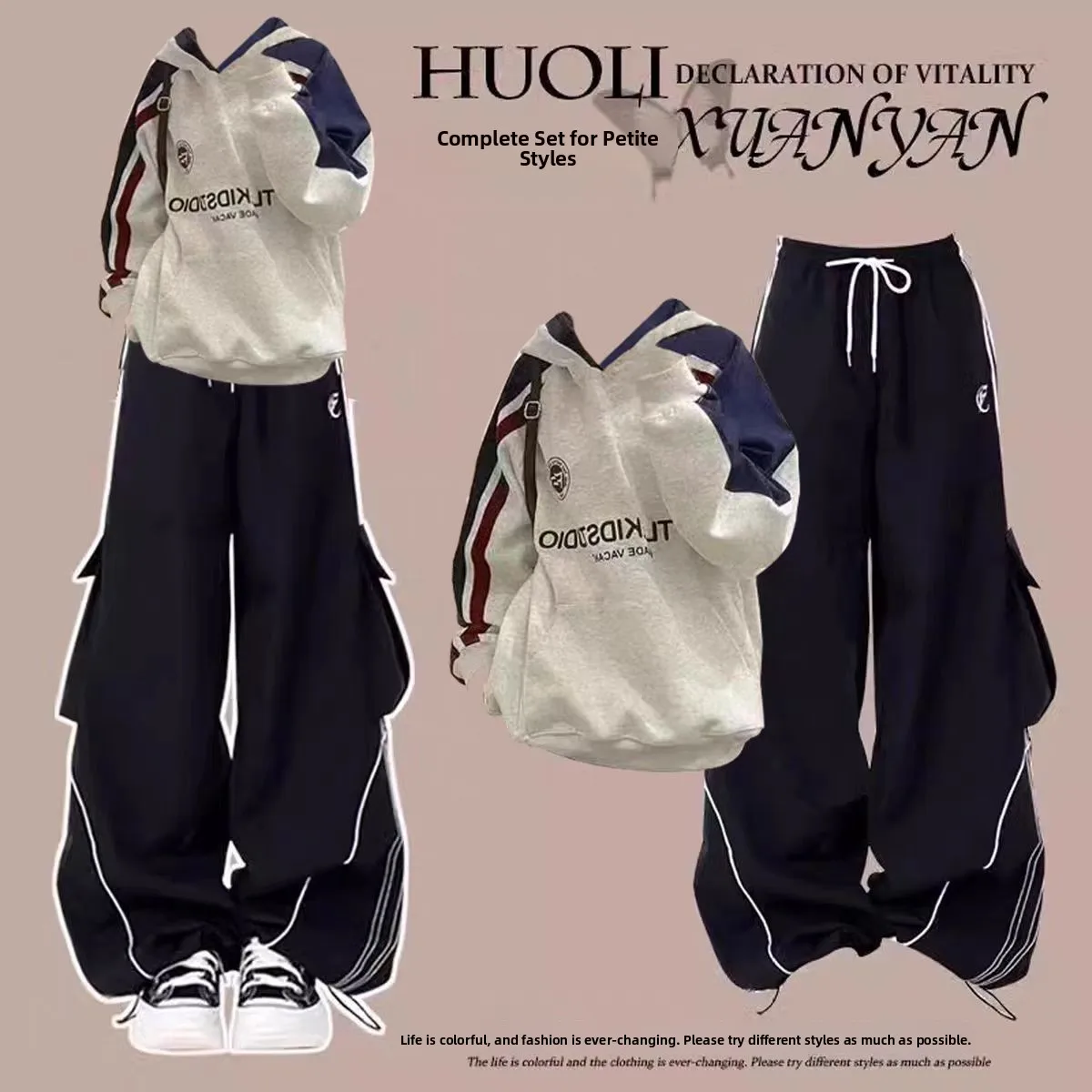 

Ретро-американский комплект из толстовки и брюк с флисовой подкладкой, женская спортивная одежда, осенне-зимний повседневный комплект для девушек, толстовка с капюшоном и брюки