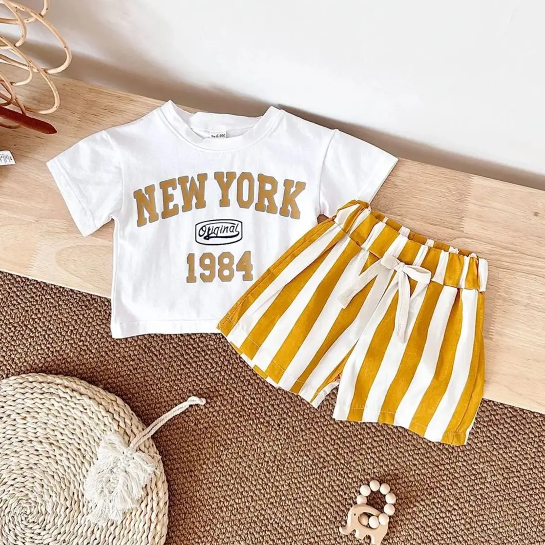 Infant Outfit Suit New York Print T-Shirt +Bars Shorts Newborn Baby Boys Clothing 2Pcs Summer Baby Clothes Infant Set 0-3Y