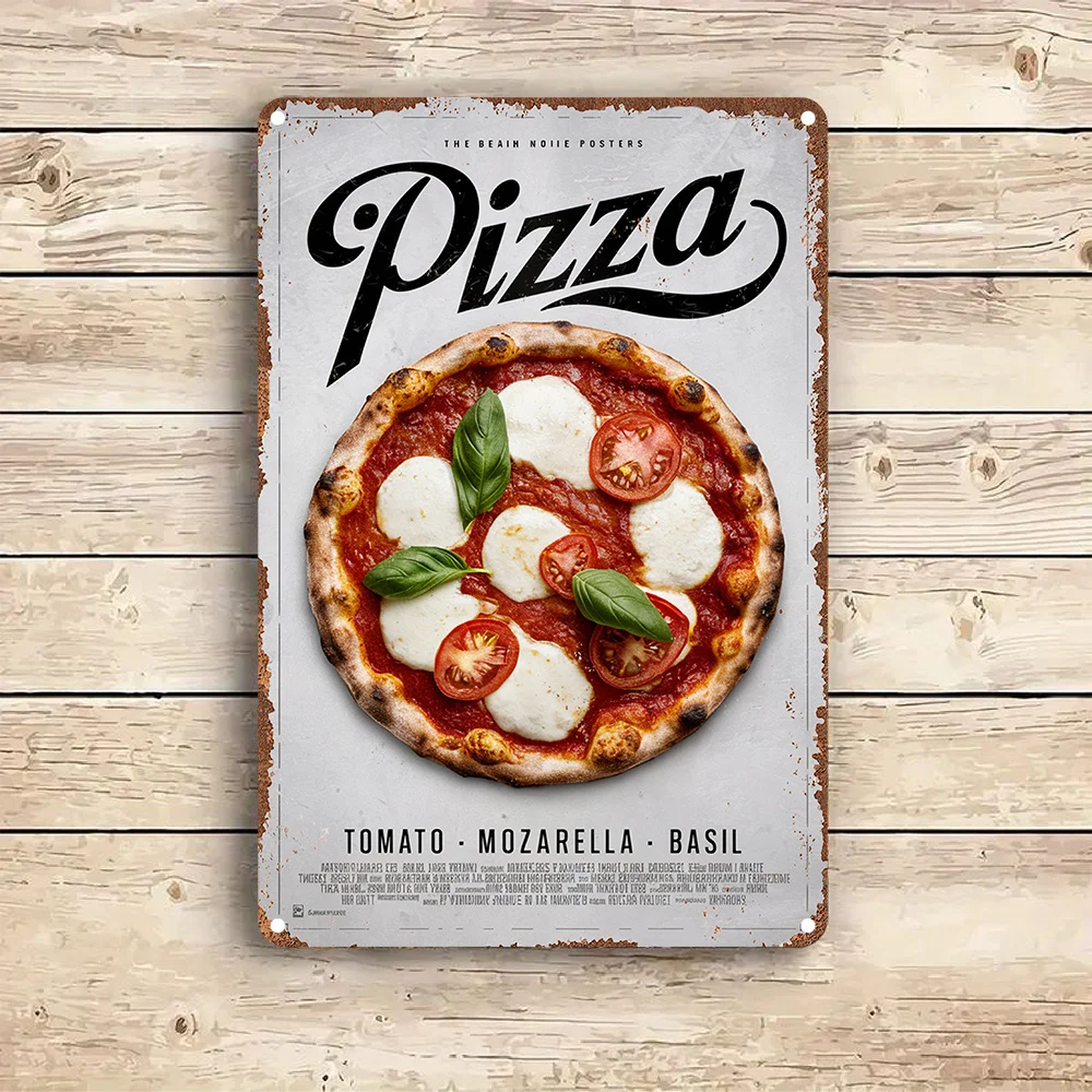 Placa de Metal de Alta Definição para Parede - Arte Vintage Retrô Industrial Italiana com Tema de Pizza 'Pizza Tomate Mozzarella Manjericão' Metal T