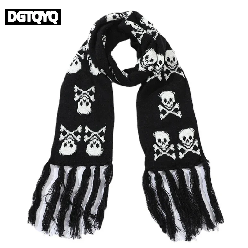 Scarf With Fringes For Men Black And White Stylish Knitted Wool Feel Long Fashion Scarf With Fringes Skull Crossbones