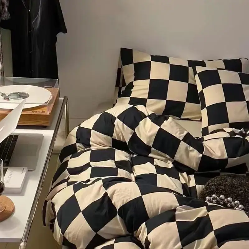 Checkboard Design Bedding Set Khaki Black Duvet Cover Flat Sheet Pillowcase for Student Home Totel Single Full Queen Size Bed